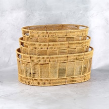 Mien 3 Boy Doğal Rattan Organizer Sepet Seti Dekoratif Çok Amaçlı Düzenleyici Sepet Açık Kahverengi