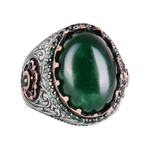 Gerçek Doğal Taş Yüzük - 925 Ayar Gümüş El Yapımı Yüzük Jade Gümüş