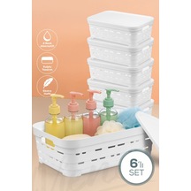 Vienev 6'lı Kapaklı 8,2 Litre Delikli Saklama Kutusu Beyaz Beyaz