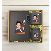 Bk Gift Kişiye Özel Dtf The Baba Karikatürlü Antrasit Defter + Kahve Fincanı + Mum Seti 2