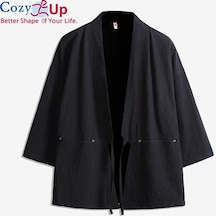 Novahub Rahat Siyah Ince Ceket Erkek Japonya Tarzı Ince Kimono Ceket Keten Gevşek Hırka Erkek Rahat Bahar Yaz Ceket Rüzgarlık Siyah - L Siyah