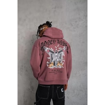 Erkek Kordon İpli Baskılı Kapüşonlu Sweatshirt - Gül Kurusu 001