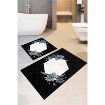 Siyah Çiçekli Desen Banyo Halısı Klozet Paspas Seti Bs048n11