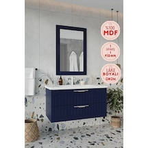 Erguvan Lacivert 100 Cm %100 Mdf Lavabolu Banyo Dolabı Ayna Lavabo Alt Dolap Lacivert