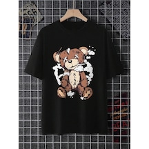 Unisex Ayı Gözü X Baskılı Oversize Tshirt Siyah