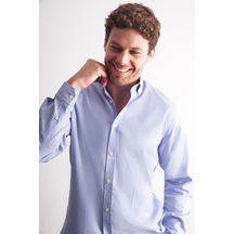 İmza Beyaz - Mavi Düğmeli Yaka Kareli Desen Uzun Kol Premium Slim Fit %100 Pamuk Gömlek 1004255186 Beyaz - Mavi