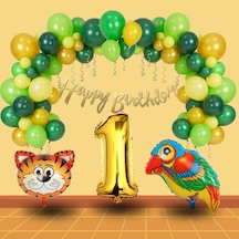 1 Yaş Pompa Hediyeli Safari Tema Folyo Kaplan Papağan Gold Rakam Yeşil Sarı Gold Balon Doğum Günü Süsü Çok Renkli