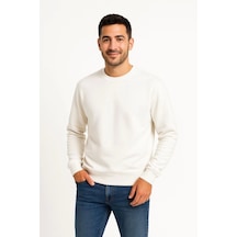 Erkek Üç İplik Düz Bisiklet Yaka Sweatshirt - Beyaz Beyaz