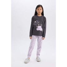 DeFacto Kız Çocuk Pijama Takımı Baskılı Uzun Kollu Üst Esnek Belli Desenli Uzun Alt E0532A825SPAR126 Antrasit
