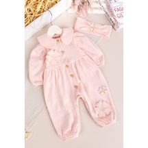 Babymod Bebe Yaka Çiçek Motifli 100% Pamuk Bandanalı Kız Bebek Tulum Somon