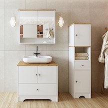 Lavabolu Mdf 80 Cm Çekmeceli Banyo Dolabı + Aynalı Üst Dlp Atlantik Çam - Beyaz
