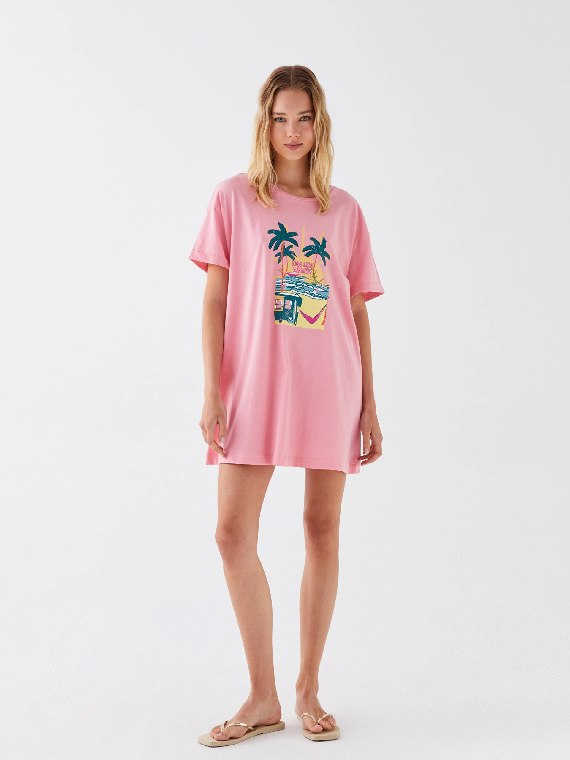 LC Waikiki Lcw Dream Pembe Bisiklet Yaka Baskılı Kısa Kollu Kadın Plaj Elbisesi