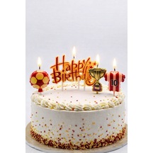 Taraftar Mum Seti Sarı Kırmızı Happy Birthday Yazılı Pasta Üstü Futbol Temalı Doğum Günü Süsü