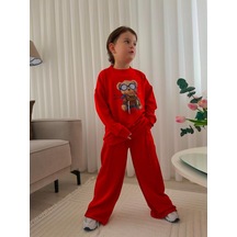 Mila Mood Erkek Çocuk Ayıcık Baskılı Eşofman Takımı Kırmızı Sweatshirt Bol Paça Pantolon