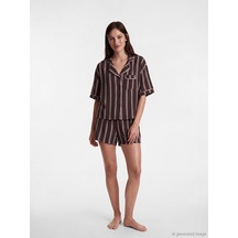 Lcw Dream Kahverengi Gömlek Yaka Çizgili Kadın Şortlu Pijama Takımı