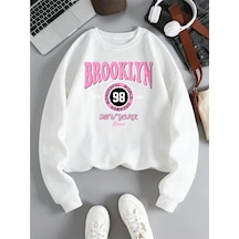 Tarzsokak Brooklyn Dünya Hayalperest Kazak Kadın Mektup Baskılı Kapüşonlu Svetşört Polar Sıcak Crewneck Beyaz