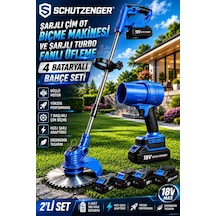Schutzenger 955VR 4 Batarya Şarjlı Çim Biçme Tırpan Makinesi 7 Başlık Ve Şajlı Turbo Fanlı Üfleme Makinesi Mavi Set