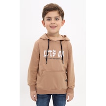 Toontoy Kids Toontoy Erkek Çocuk Relax Fit Kapüşonlu Cepli Baskılı Sweatshirt - 2 İplik Kahverengi