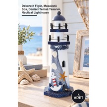 5 Adet Ahşap Marin Deniz Feneri Dekoratif Figür, Masaüstü Süs, Denizci Temalı Tasarım, Nautical Lighthouse