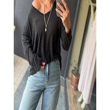 Mirve Butik V Yaka Yumoş Merserize Bluz Gri