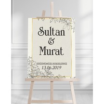 Söz Nişan Düğün İçin 50x70 Karşılama Panosu - Pastel Çiçek Temalı Beyaz