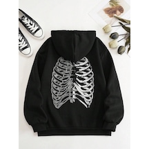 Coke Serisi Skeleton Print Zip Up Thermal Lined Drawstring Hoodie Siyah