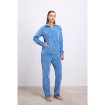Anıl Man11625-1014 Anil Ev Giyim Anil Kadın Uzun Kollu Fermuarlı Kadife Sweatshirt Ve Pantolon Takım 11625 Mavi