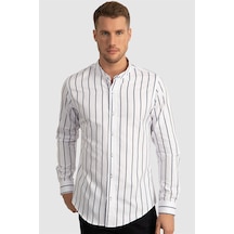 Tudors Slim Fit Dar Kesim Çizgili Hakim Yaka Poplin Oxford Gömlek-23520 Beyaz