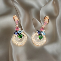 Rengarenk Zirkon Dizme Taşlı Rose Gold Renk 1. Kalite İthal 925 Ayar Kadın Gümüş Küpe-9007677894087