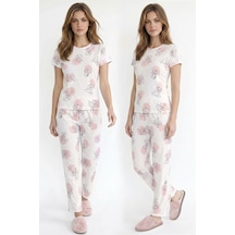 Kompedan Kadın Bisiklet Yaka Yumuşak Dokulu Büyük Ayıcık Desenli Kısa Kol Pijama Takım Ekru 70132-3293