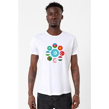 Türk Devletleri Teşkilat Beyaz Erkek Bisikletyaka Tshirt Çok Renkli
