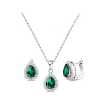 Brezza Lusso Jewelry Damla Model Zümrüt Yeşili Zirkon Taşlı Gümüş Kadın Kolye Küpe Set