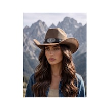 Gigi Luxe Kadın Camel Kovboy Şapkası Boğa Tokalı Deri Bantlı Vintage Western Şapka Kanvas Kahverengi Kahverengi