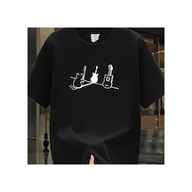 Caddemia Yaz Moda Rahat Spor Gevşek Trendy Marka Desen Baskılı Yuvarlak Yaka Kısa K Siyah 2XL