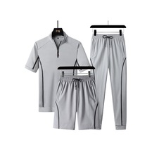 Ikkb Erkek 3 Parçalı Takım Elbise Gündelik Dik Yaka Kısa Kollu Tişört Pantolon Şort Spor Takım - Gri