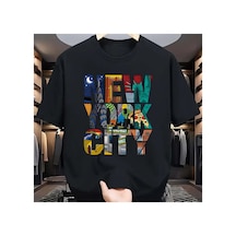Caddemia Yaz Gündelik Bol Kesim Büyük Beden New York City Baskılı Rahat Yuvarla Siyah 2XL