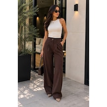 Unika Boutique Kadın Yüksek Bel Pileli Düğme Detaylı Bol Kesim Likralı Palazzo Kumaş Pantolon kahve
