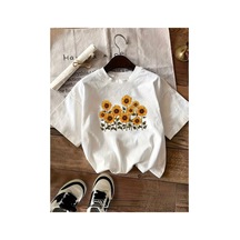 Herkesemoda Ayçiçekler Baskı Detaylı Basic T-shirt Beyaz