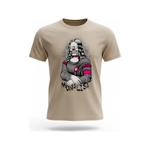 Urbantrendstore Monalisa Baskılı Günlük Oversize Pamuklu Bisikilet Ve Yuvarlak Yaka Tişört Tshirt Bej