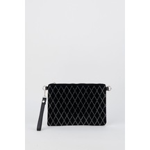 Vivaq Kadın İnce Baklava Gümüş Taşlı Süet Bilek Askılı Ve Zincir Askılı Portföy El Ve Clutch Çanta SİYAH