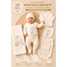 Petino Premium 10 Parça Yenidoğan Unisex Hastane Çıkış Seti %100 Pamuk Ekru Zürafalı Battaniyeli Bebek Seti kahverengi