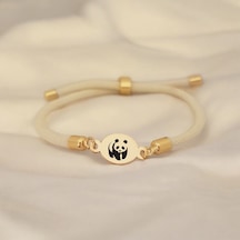 Archin Panda Temalı Oval Motifli Beyaz Örgü İpli 14 Ayar Altın Plakalı Hediye Bileklik-424sembol Panda