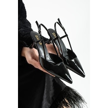 Dabab Shoes Lıya Kadın Siyah 6 Cm İnce Topuklu Bilekten Bantlı Arkası Açık Tokalı Sivri Burun Rugan Ayakkabı