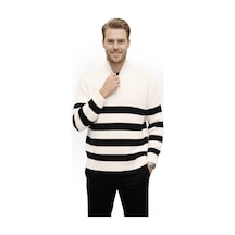 Deepsea Erkek Ekru Yarım Fermuarlı Oversize Kesim Triko Kazak Pamuklu Yumuşak Örgü Çizgili Kazak 2608513 Ekru