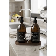 Amber Şişe Sabunluk Cam İkili Sıvı Sabun-bulaşık Deterjanı Mutfak Düzenleyici Lüks Gümüş Geyik Ahşap Stand 500ml