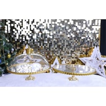 Çnr Home Collection 2 ' Li Paşabahçe Metal Ayakli Yaldizli Kek Fanus & Pasta Standi Sunumluk Altin