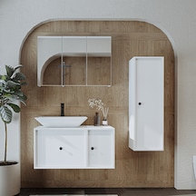 Lavabolu Mat Mdf 90 Cm Çekmeceli Dolabı + Aynalı Dolabı Beyaz Mat Beyaz