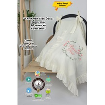 Gros Shop Müslin Yeni Doğan 4katlı Organik %100pamuk Kişiye Özgü Nakışlı Hastane Çıkış Seti Çiçek Model-2 Ekru-6