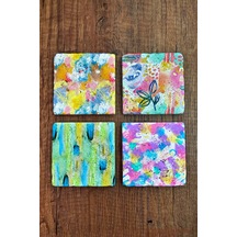 Doğal Taş Bardak Altlığı - Renkli Sulu Boya Desenler Baskılı 10x10cm Stone Coasters Çok Renkli