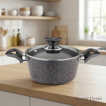 18 Cm Granit Derin Tencere Cam Kapak - Siyah Siyah